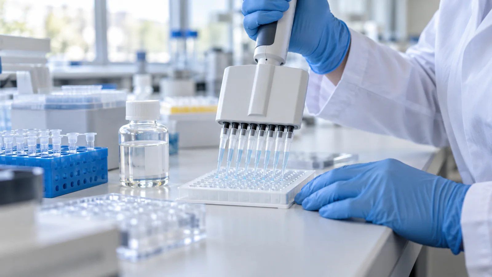 Illustrative assay preparation using a multichannel pipette and microplate