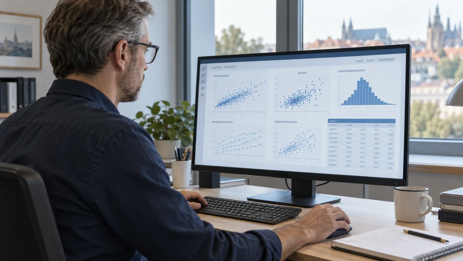 Illustrative research data review at a desktop workstation